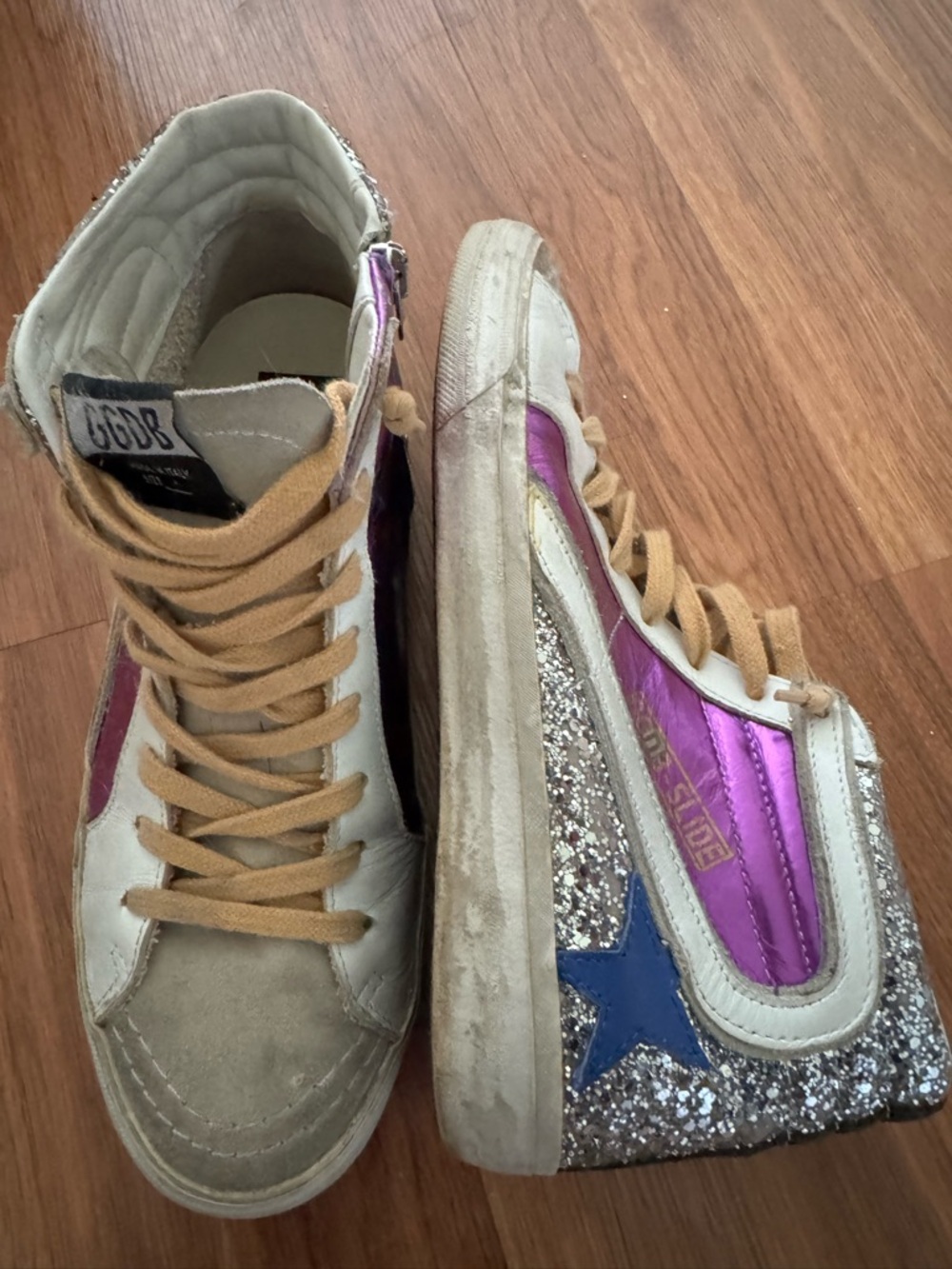Golden Goose High-Top Sneakers Purple, Blue, Silver Glitter Sz 8.5 / 38